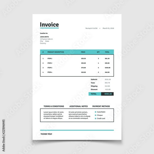 Quotation invoice template. Paper bill form vector design. Illustration of invoice calculation shipping and tax, payable bookkeeping