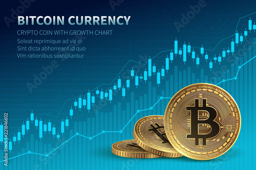 Bitcoin currency. Crypto coin with growth chart. International stock exchange. Network bitcoin marketing vector banner. Illustration of chart exchange currency crypto