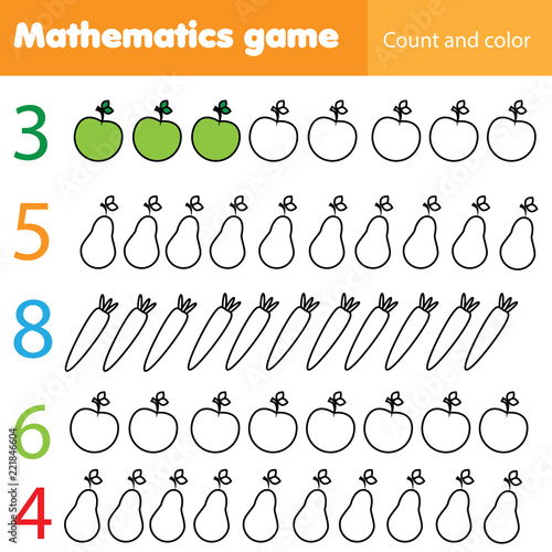 Mathematics worksheet for kids. Count and color educational children activity with fruits and vegetables