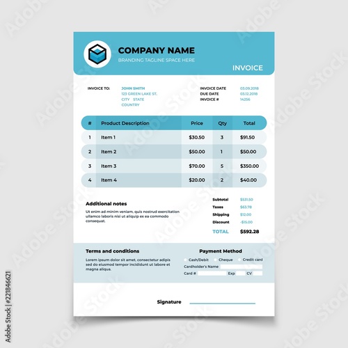 Invoice template. Bill form bookkeeping vector document design. Vector accounting service, price calculation illustration