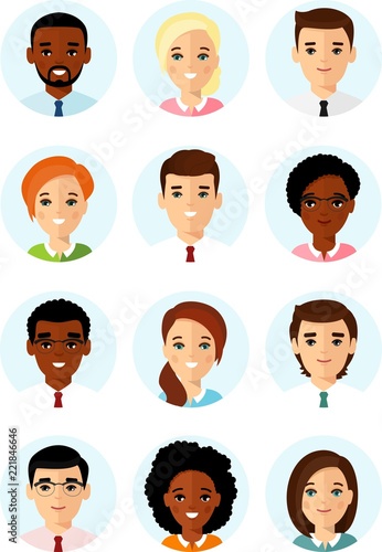 Set of different avatar african american, european peoples in colorful flat style.
Collection of various avatars of international man, woman.
