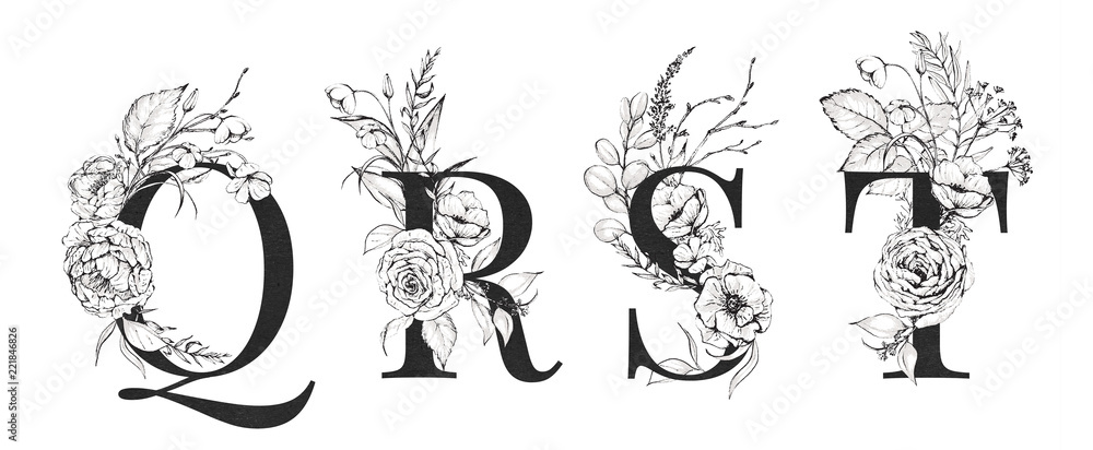Graphic Floral Alphabet Set - letters Q, R, S, T with black & white flowers bouquet composition. Unique collection for wedding invites decoration, logo and many other concept ideas.