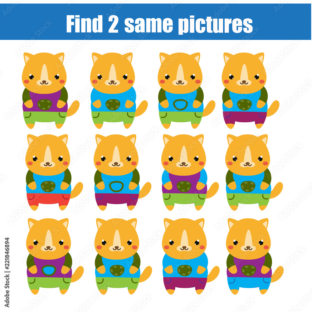 Find the same pictures children educational game. Find two identical cats Find the same pictures children educational game. Find two identical cats