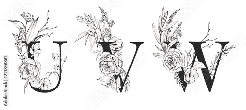 Graphic Floral Alphabet Set - letters U  V  W with black   white flowers bouquet composition. Unique collection for wedding invites decoration  logo and many other concept ideas.