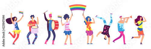 Lgbt parade. People holding rainbow flag. Gay love pride, sexual discrimination protest vector concept. Illustration of gay people, homosexual community photo