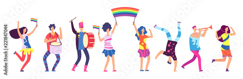 Lgbt parade. People holding rainbow flag. Gay love pride, sexual discrimination protest vector concept. Illustration of gay people, homosexual community