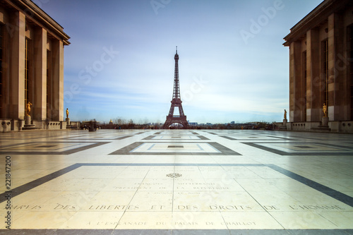 Beautiful Eiffel tower seen from Trocadero square in winter with a long exposure 