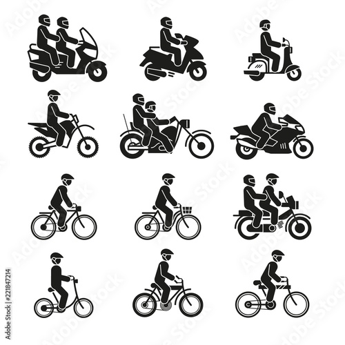 Motorcycles and bicycles icons. Moto vehicles with persons biker and cyclist vector pictograms isolated on white background. Illustration of motorcycle transport, bike and bicycle