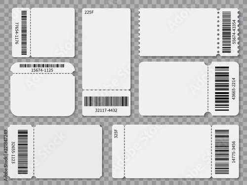 Ticket templates. Blank admit one festival concert theater raffle tickets and coupons with barcode isolated vector set. Concert ticket, coupon with bar code illustration