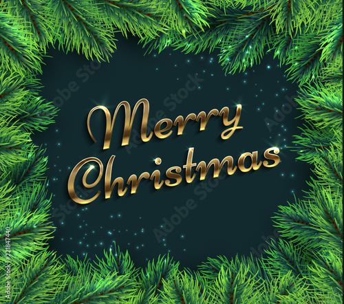 Fir tree branches. Merry christmas glamour background with pine branch and greetings text. Happy new year 2019 greeting vector card. Christmas card with green pine, merry xmas illustration
