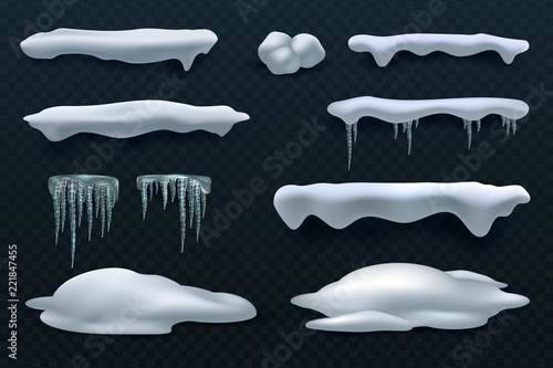 Snow caps and icicles. Snowball and snowdrift vector winter decorations isolated. Frost ice and snow white, frozen snowball effect design illustration