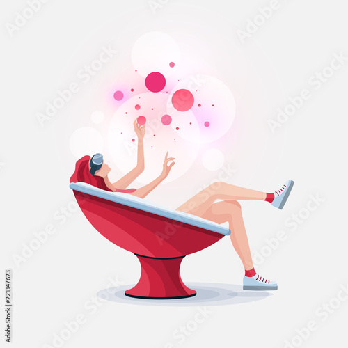 Young woman with a VR headset lying in a round chair