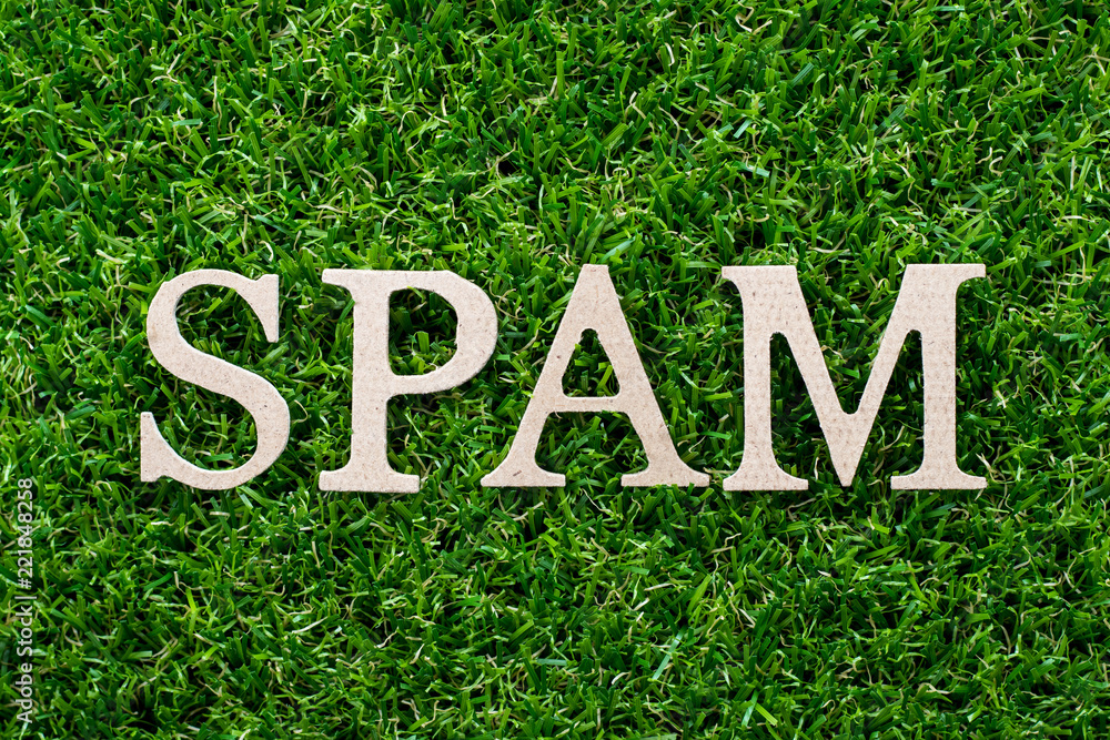 Wood letter in word spam on artificial green grass background