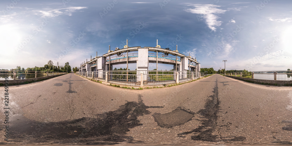 full seamless spherical panorama 360 degrees angle view near dam of hydroelectric power station in equirectangular equidistant projection, VR AR virtual reality content