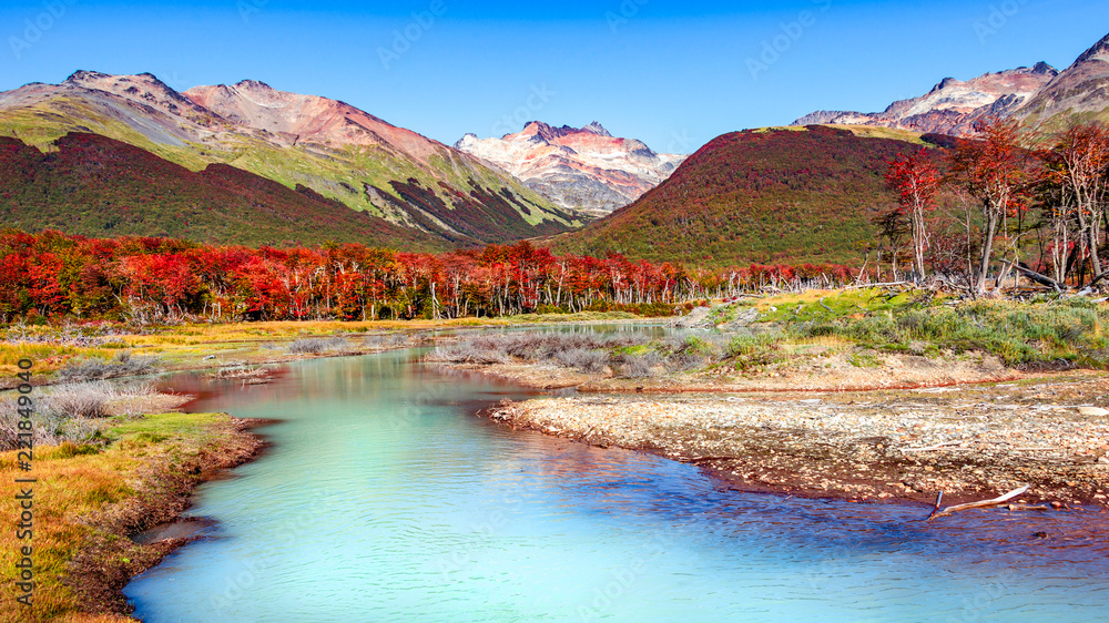Beautiful landscape of lenga forest, mountains at Tierra del Fuego National Park, Patagonia