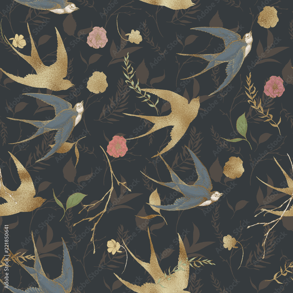 Fototapeta Graphic floral seamless pattern - gold textured swallow birds and flower elements on dark background. For wedding stationary, greetings, wallpapers, fashion, logo, wrapping paper, fashion, textile.