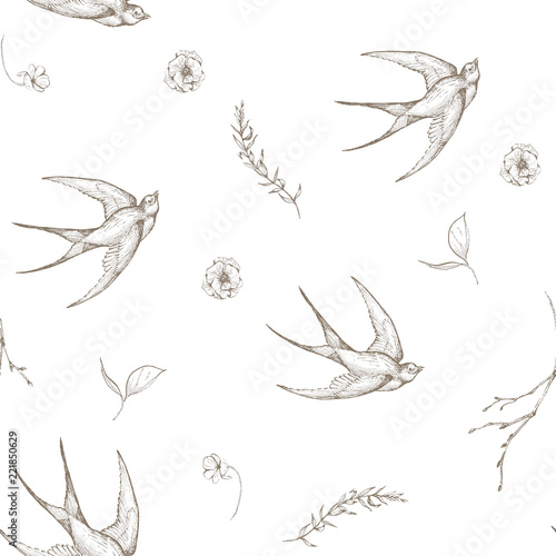 Graphic floral seamless pattern - swallow birds and flower elements on white background. For wedding stationary, greetings, wallpapers, fashion, logo, wrapping paper, fashion, textile, etc.