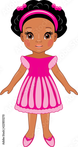 Fashionable afro little girl in pink dress. Cartoon drawing
