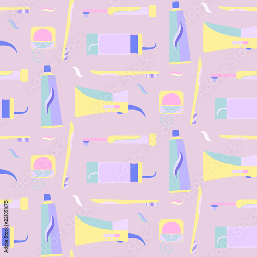 Pale colors seamless pattern with tooth hygiene tools. Violet and yellow dental morning and evening cleaning teeth texture for wrapping paper, textile, cover, background, wallpaper