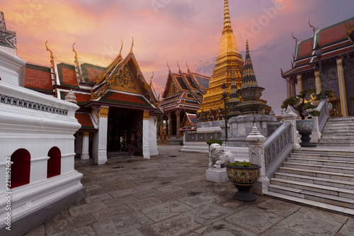 Beautiful view inside Wat Phra Keaw in Bangkok, Thailand while beautiful sky prime time.
