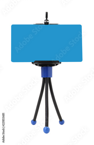Template mobile phone on tripod white background.