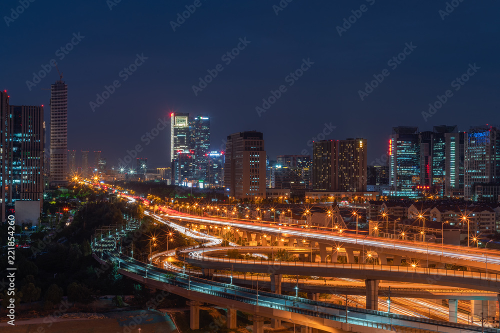 Modern city night view with busy traffic in Nanjing