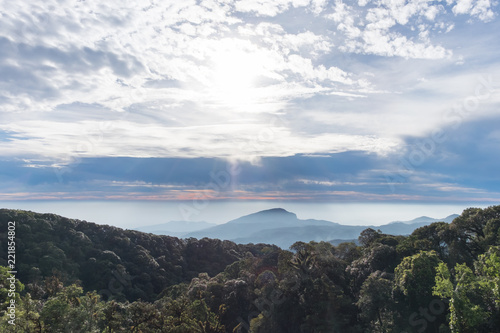 Sunrise in the morning and mountain views, Light at dawn, The color of the sky, Rising sun, Doi Inthanon, Chiangmai, Thailand.