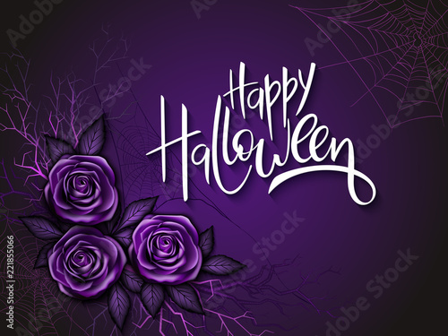 Vector illustration with design template for halloween event banner with detailed bright roses, branches, spider web and happy halloween hand lettering label