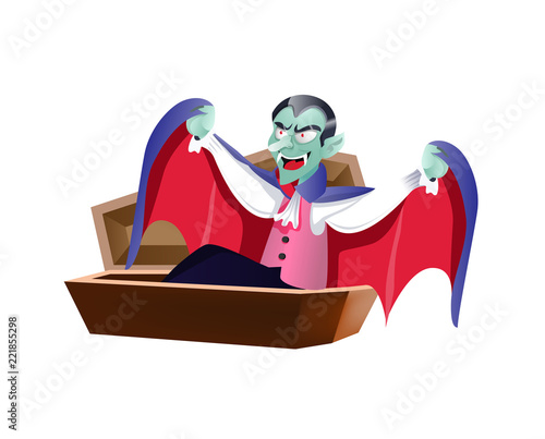 Dracula waking up in coffin. Halloween cartoon character flat vector illustration. Halloween party concept.