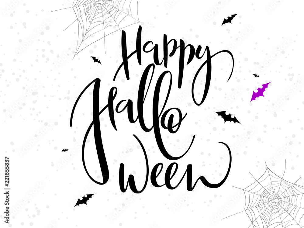 vector holiday happy halloween hand lettering label with bat, spider web and dots vector holiday happy halloween hand lettering label with bat, spider web and dots