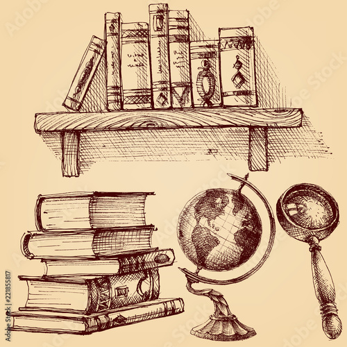 Books and education set.  A wooden shelf of books, earth globe, magnifying glass, stack of various books