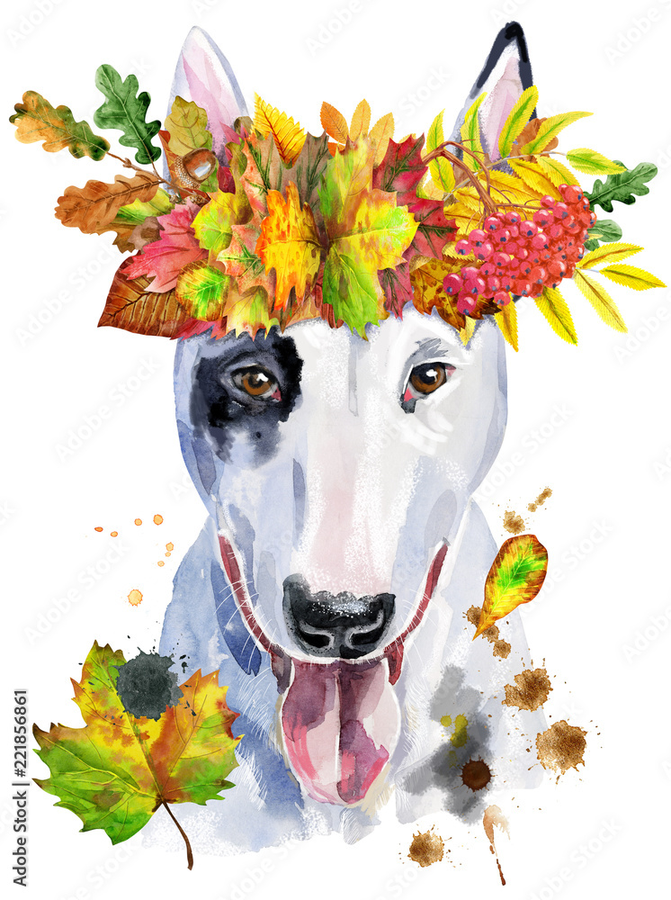 Plakat Portret akwarela byka terier z wieniec z liści jesienią