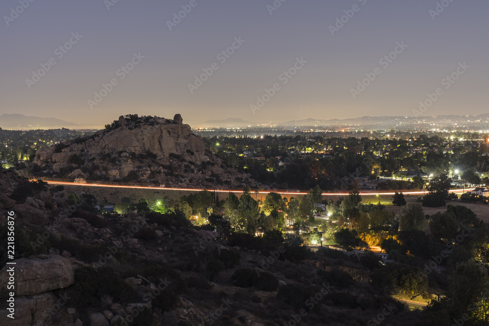Night view of landmark Stoney Point rock formation in the San Fernando Valley area of Los Angeles, California.  