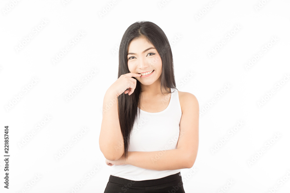 Beautiful Attractive Asian young women smile and touching on her cheek with clean and fresh skin feeling so happiness and cheerful with positive emotional,Isolated on white background,Skincare Concept Beautiful Attractive Asian young women smile and touching on her cheek with clean and fresh skin feeling so happiness and cheerful with positive emotional,Isolated on white background,Skincare Concept