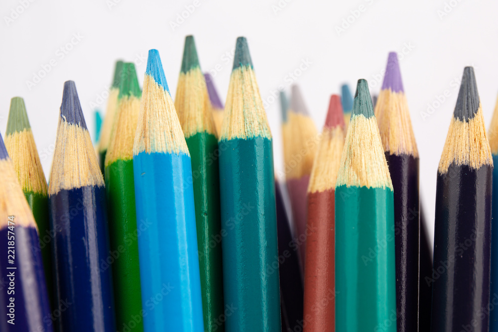 Close up of Cool Colored Pencils on white background Close up of Cool Colored Pencils on white background