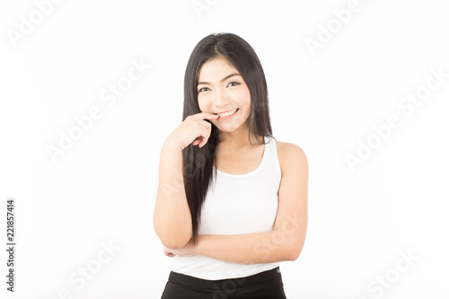 Beautiful Attractive Asian young women smile and touching on her cheek with clean and fresh skin feeling so happiness and cheerful with positive emotional,Isolated on white background,Skincare Concept © 220 Selfmade studio