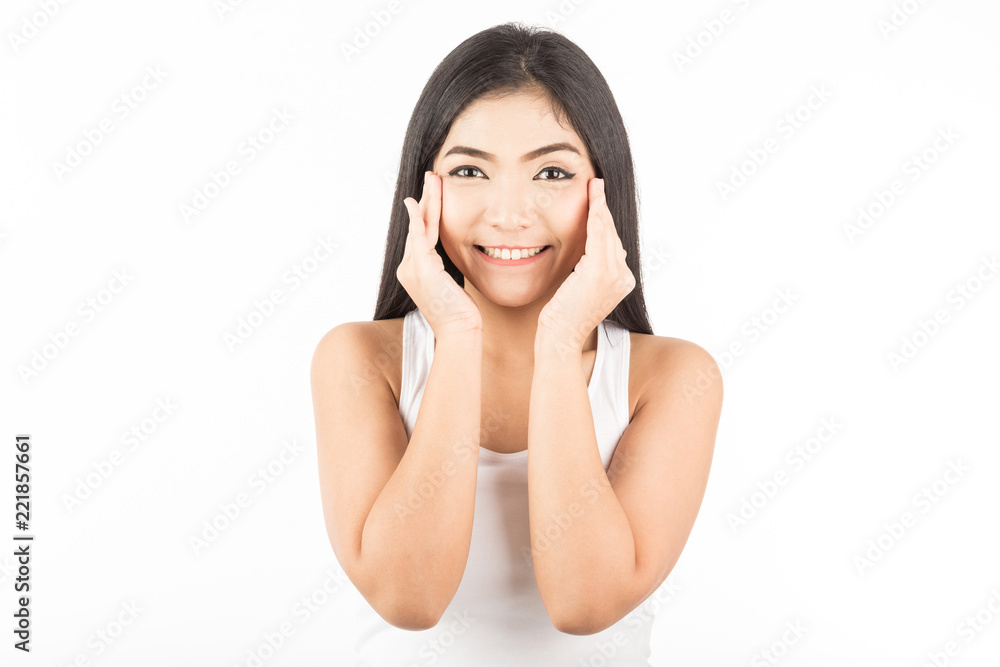 Beautiful Attractive Asian young women smile and touching on her cheek with clean and fresh skin feeling so happiness and cheerful with positive emotional,Isolated on white background,Skincare Concept Beautiful Attractive Asian young women smile and touching on her cheek with clean and fresh skin feeling so happiness and cheerful with positive emotional,Isolated on white background,Skincare Concept