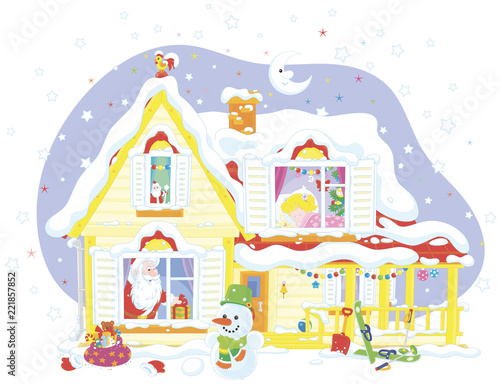 The night before Christmas, a snow-covered house, Santa Claus with his gifts for a little girl