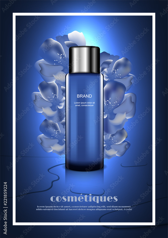 Beautiful cosmetic ads template, blue serum essence with blooming flowers