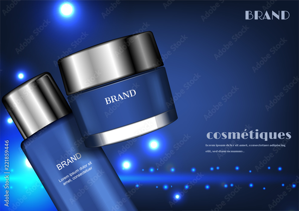 Cosmetic ad, Close up serum and moisturizer on dark blue background