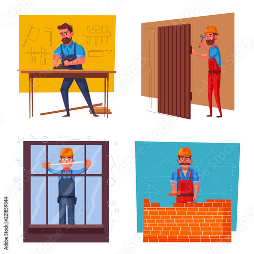 Team of builders is working. Cartoon vector illustration