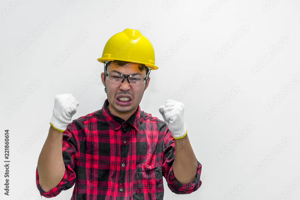 Technician wear helmet isolate on white background,Thailand people,Labor day concept,Happy man concept Technician wear helmet isolate on white background,Thailand people,Labor day concept,Happy man concept
