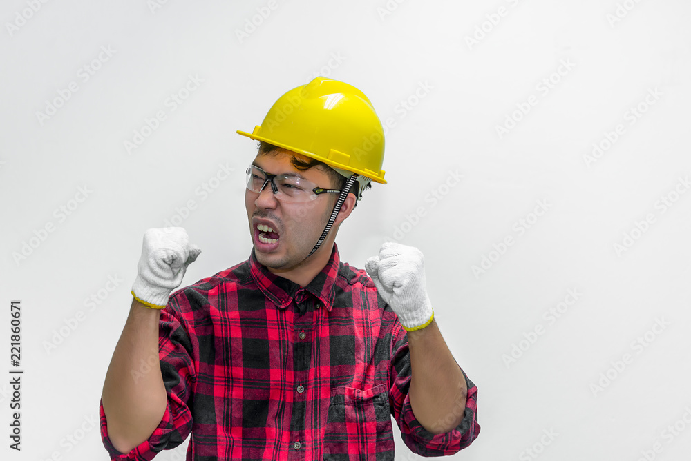 Technician wear helmet  isolate on white background,Thailand people,Labor day concept,Happy man concept