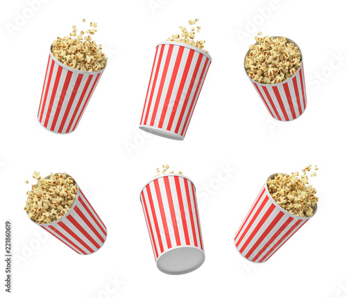 3d rendering of six striped pop corn tubs hanging on white background.