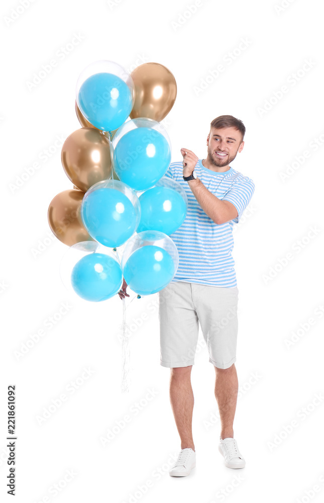 Young man with air balloons on white background Young man with air balloons on white background