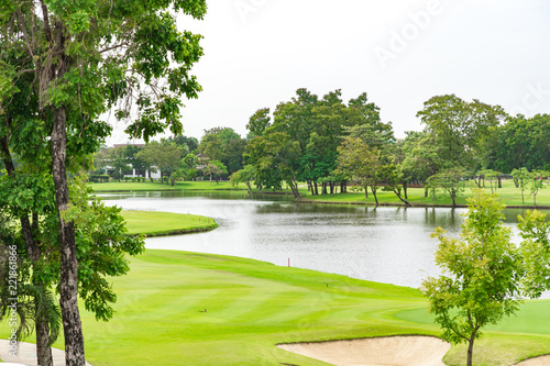 Beautiful golf court and garden, pond or Marsh on white background.
