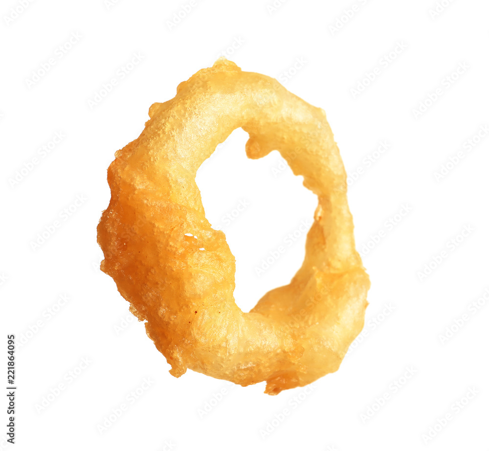 Delicious golden breaded and deep fried crispy onion ring on white background Delicious golden breaded and deep fried crispy onion ring on white background