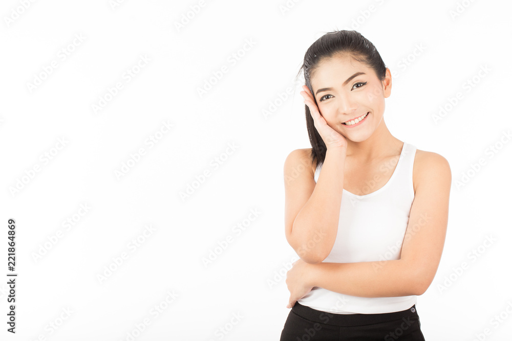 Beautiful Attractive Asian young women smile and touching on her cheek with clean and fresh skin feeling so happiness and cheerful with positive emotional,Isolated on white background,Skincare Concept Beautiful Attractive Asian young women smile and touching on her cheek with clean and fresh skin feeling so happiness and cheerful with positive emotional,Isolated on white background,Skincare Concept