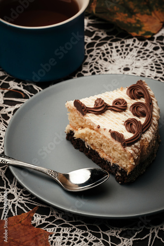 Wallpaper Mural slice of cake with tea in autumn in the park Torontodigital.ca