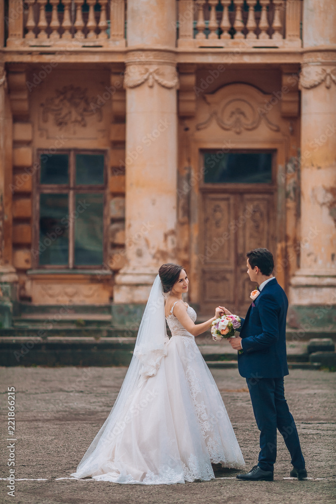 Obraz premium Wedding in the castle. Stylish and beautiful. Princess's dress. Lush white dress and veil. Bride is a brunette. The groom in a black suit. A couple is walking near the castle grounds.